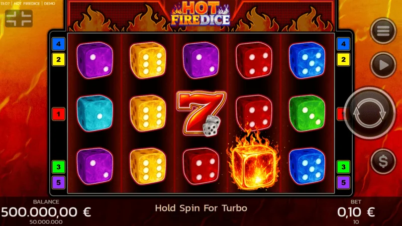 Hot Fire Dice - თამაშის ეკრანი ანთებული შვიდიანებით
